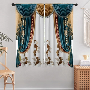 Detailed close-up of peacock blue velvet curtain with gold fringe and floral patterns