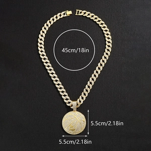Close-up of iced out basketball pendant and gold Cuban link chain with size measurements