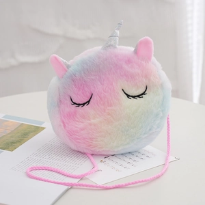 Cute unicorn plush crossbody bag with colorful gradient faux fur and pink strap