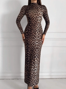 Women's leopard print maxi dress with long sleeves and elegant turtle neck design