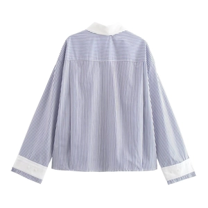 Back view of a blue and white striped long sleeve shirt with white cuffs and collar