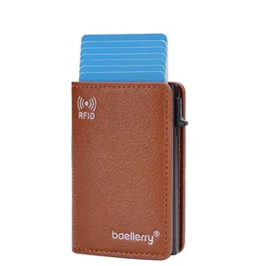 Brown litchi leather RFID blocking wallet with pop-up card mechanism and aluminum box