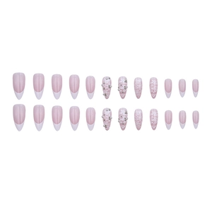 French tip almond press-on nails in pale pink with white flowers and pearls