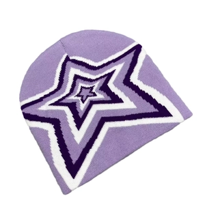Purple knitted beanie with layered star pattern in white and dark violet tones