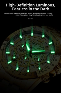 Close-up of golden chronograph watch dial with luminous hands and skeleton design