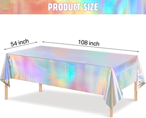 Holographic rainbow rectangle tablecloth measuring 54 x 108 inches for party decor