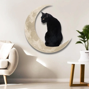 Minimalist black cat sitting on yellow crescent moon hanging metal sign wall art decoration