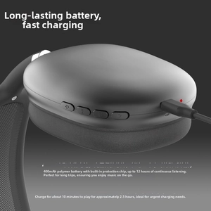 Détail du casque sans fil supra-auriculaire avec boutons et specs de batterie 400mAh