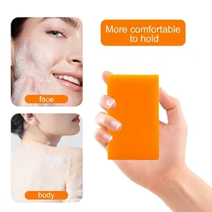 Kojic acid soap bar for face and body shown with rich lather and easy-to-grip rectangular shape