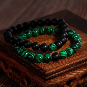 Retro matte black onyx and green malachite beaded stretch bracelet set for men and women