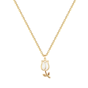Luxurious gold tulip necklace with white flower pendant and sparkling crystal accents