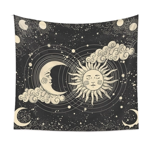 Bohemian sun and moon celestial tapestry wall hanging with vintage facial illustrations