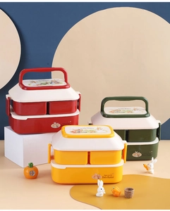 Three colors of double-layer bunny bento boxes with handles and cute rabbit illustrations