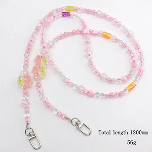 Pink tulip acrylic beaded crossbody phone strap with heart charms and lobster clasps
