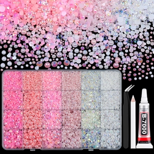 24-Gitter-Nagelkunst-Set mit rosa Strasssteinen, B-7000-Kleber und Pinzette auf schwarzem Grund