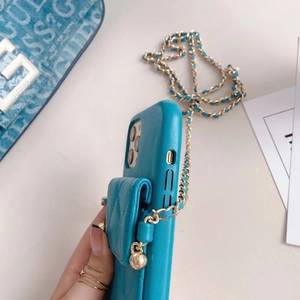 Blue quilted leather wallet phone case with gold chain strap for iPhone 15 series