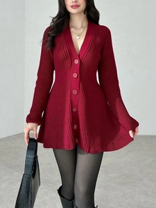 Texture détaillée de la robe cardigan en maille bordeaux avec boutons et col en V
