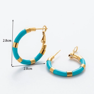 Minimalist French vintage C-shaped gold-plated steel hoop earrings with blue enamel