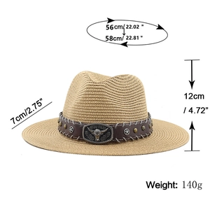 Western straw cowboy hat with bull head ornament and metal studs, 140g lightweight design