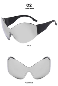 Detailed side and front view of Y2K futuristic rimless butterfly mirror sunglasses