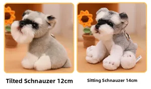 Detail view of 12cm and 14cm plush schnauzer dog keychains in sitting and tilted poses
