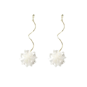 Elegant long spiral earrings with white shell flowers and shimmering gold tassels