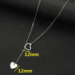 Silver stainless steel heart tassel necklace with Y-shape double heart pendant design
