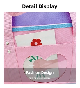 Close-up of pink canvas bag featuring heart-shaped transparent window and metal rivets