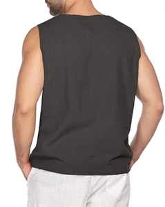 Back view of men's casual sleeveless linen shirt in dark grey with breathable texture