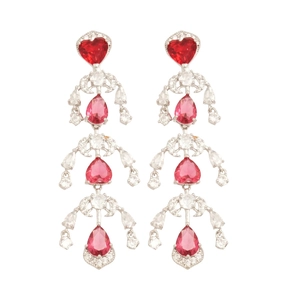Sparkling silver needle heart tassel earrings with pink and red drop-shaped cubic zirconia