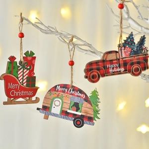 Wooden Christmas truck and camper tree ornaments with Merry Christmas typography