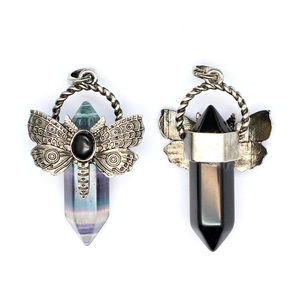 Vintage dragonfly silver pendant necklace with hexagonal fluorite and obsidian crystals