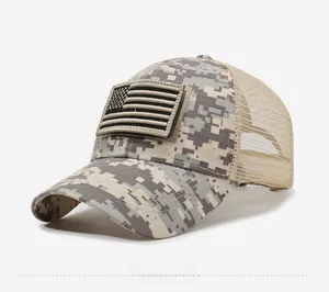 Detail of tactical digital camo baseball cap with mesh back and US flag velcro patch