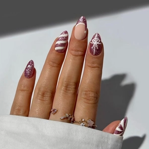 Purple Glitter Press On Nails French White Bow Striped Almond Shape Christmas Holiday Fashionable For Women