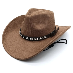 Western Cowboy Hat Suede Felt Wide Brim Fedora Decorative Leather Band Adjustable Chin Strap Outdoor Sun Hat Unisex