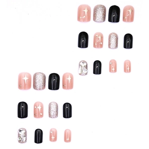 Kit de faux ongles étoile scintillante rose et argent avec forme carrée courte arrondie