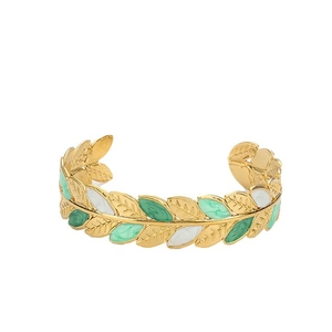 Golden leaf enamel open bangle in stainless steel featuring green and white detailing