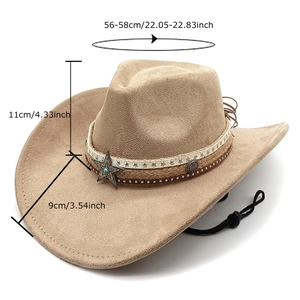 Khaki suede western cowboy hat with pentagram star turquoise band and windproof cord