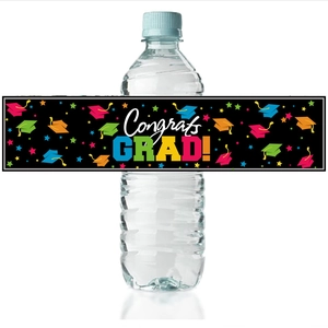 Autocollants Congrats GRAD noir et or pour bouteilles d'eau de remise des diplômes