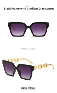 Detail of square oversized sunglasses with gold chain temples and gradient lenses