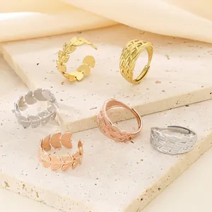 Stainless Steel Open Adjustable Rings Women Leaf Olive Branch Weave Texture Irregular Fashion Jewelry