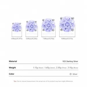 S925 sterling silver lavender stud earrings size chart from 5mm to 8mm diameter