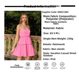 Pink tiered mini dress with ruffle hem and adjustable straps in lightweight polyester
