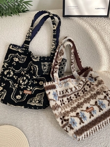 Plush lamb wool tote bags featuring paisley and geometric patterns for autumn and winter