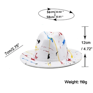 Detailed size specifications for white splash paint graffiti fedora hat with 7cm brim