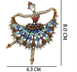 Detailed view of ballet girl brooch with colorful crystals and dimensions 8.0x6.3 CM