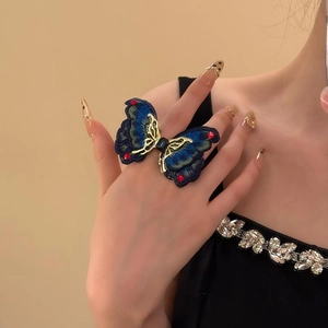 Elegant butterfly open ring featuring dark blue embroidery and sparkling crystals for women