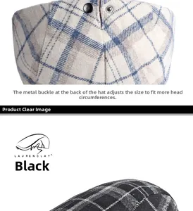 Detail of adjustable metal buckle on plaid wool flat cap for custom sizing
