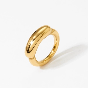 Minimalist gold plated stainless steel ring with a smooth polished finish on white background