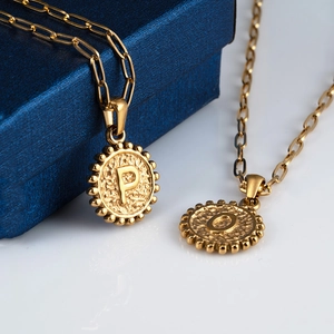 18K gold plated double layer paperclip chain necklace with round letter coin pendant